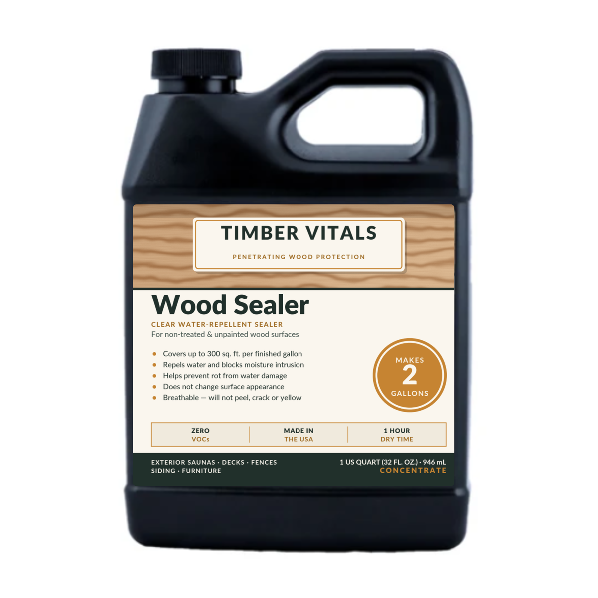 Timber Vitals Wood Sealer — Clear Penetrating Water Repellent Concentrate (32 oz, Makes 2 Gallons)