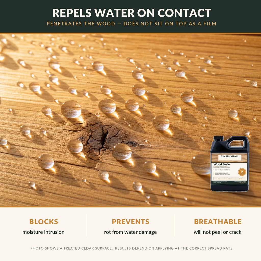 Timber Vitals Wood Sealer — Clear Penetrating Water Repellent Concentrate (32 oz, Makes 2 Gallons)