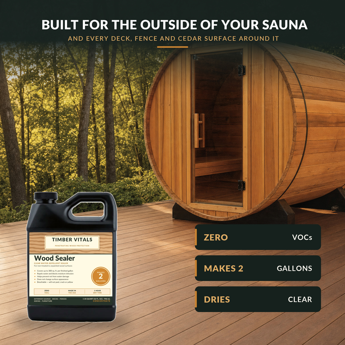 Timber Vitals Wood Sealer — Clear Penetrating Water Repellent Concentrate (32 oz, Makes 2 Gallons)