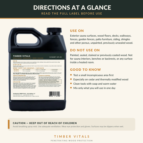 Timber Vitals Wood Sealer — Clear Penetrating Water Repellent Concentrate (32 oz, Makes 2 Gallons)