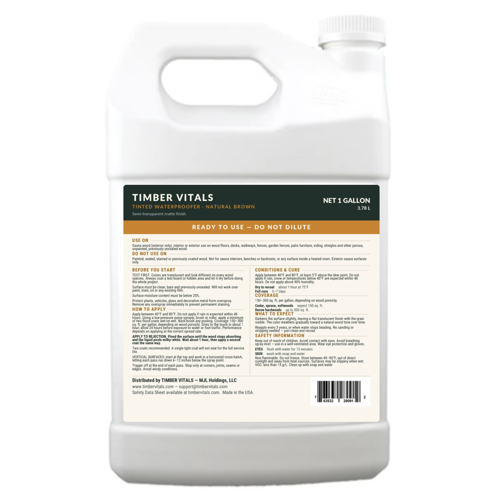 Timber Vitals Tinted Waterproofer — Ready-to-Use Penetrating Water Repellent Wood Finish (1 Gallon)