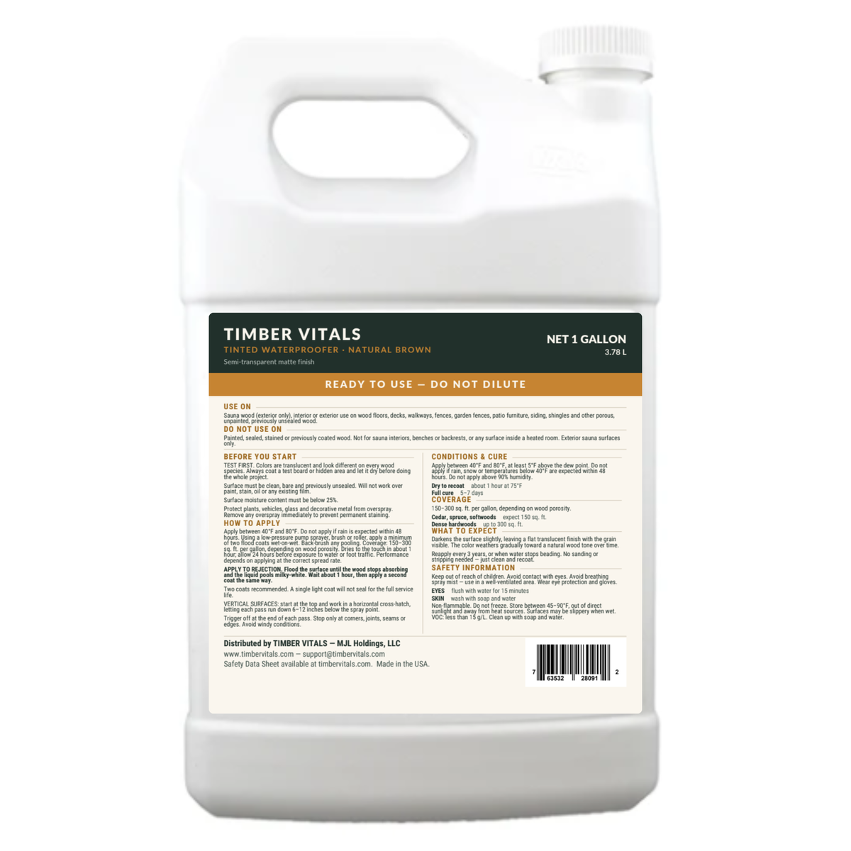 Timber Vitals Tinted Waterproofer — Ready-to-Use Penetrating Water Repellent Wood Finish (1 Gallon)