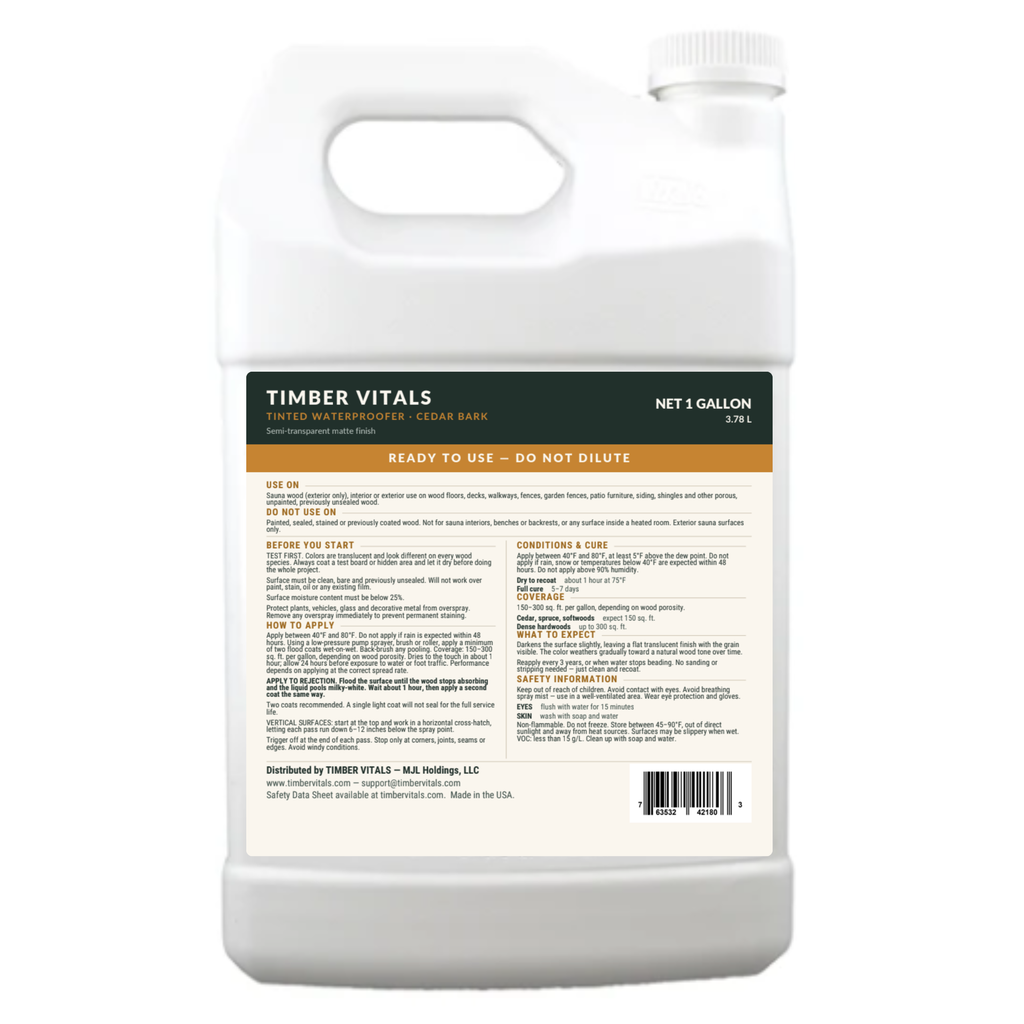 Timber Vitals Tinted Waterproofer — Ready-to-Use Penetrating Water Repellent Wood Finish (1 Gallon)